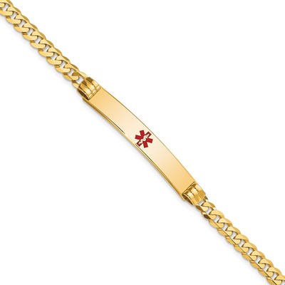 14K Medical Solid Chain/Solid Plate 37x6mm Centered Red Enamel Curb Link 7 inch ID Bracelet