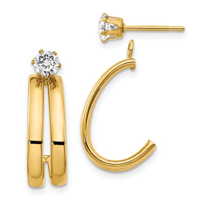 14K Polished J-Hoop Jackets with 4mm CZ Stud Earrings
