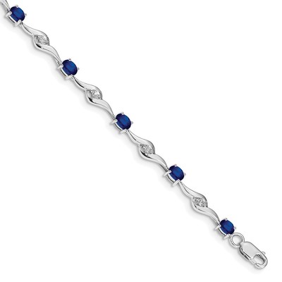 14k White Gold Complete Oval Blue Sapphire and Round White Sapphire Curved Link 7 inch Bracelet