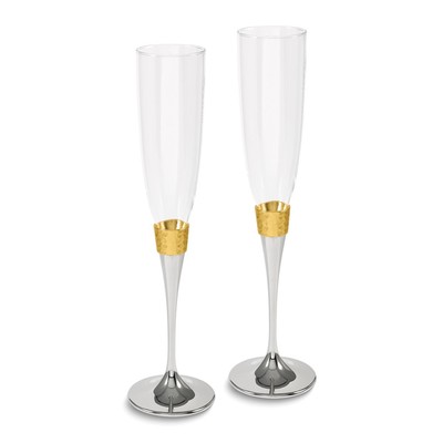 Pair Hammered Gold-tone Banded Nickel-plated Stem Toasting Flutes