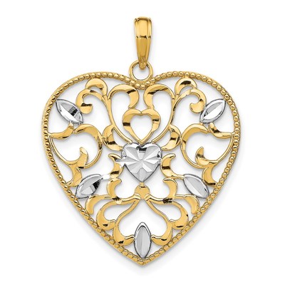 14k and White Rhodium Filigree Leaf Accent Heart Charm