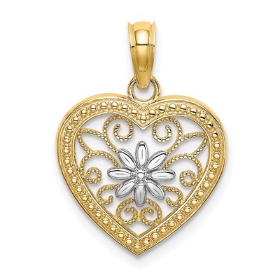 14k and White Rhodium Textured Flower Filigree Heart Charm