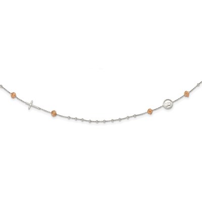 Sterling Silver Beaded with Rose-tone Roses Religious 18 inch Necklace with 1 inch extension