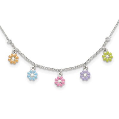 Sterling Silver Polished Multi-color Enameled Flowers 14in Necklace