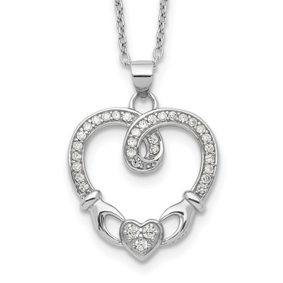 Sterling Silver Rhod-plated Claddagh Heart CZ  W/ 1 in ext.Necklace