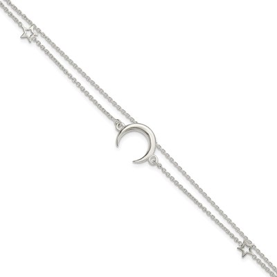 Sterling Silver Polished Moon and Stars 2-strand 7.5in Bracelet