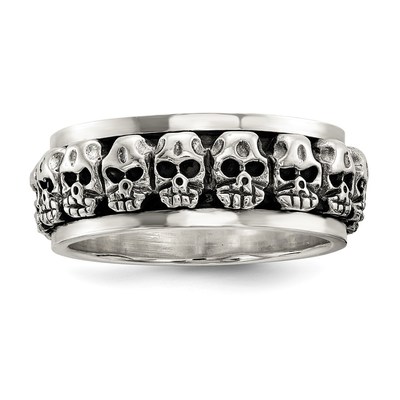 Sterling Silver Polished Spinning Center Antiqued Skull Ring