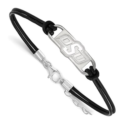 Sterling Silver Rhodium-plated LogoArt Oklahoma State University O-S-U Small Center Black Leather 7 inch Bracelet with Extender