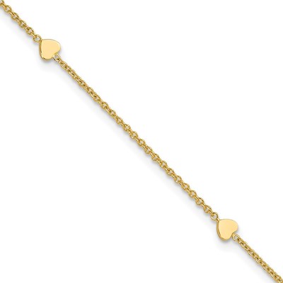 14K Polished Hearts 4-Station 10 inch Plus 1 inch Extender - Total 11 inch Anklet