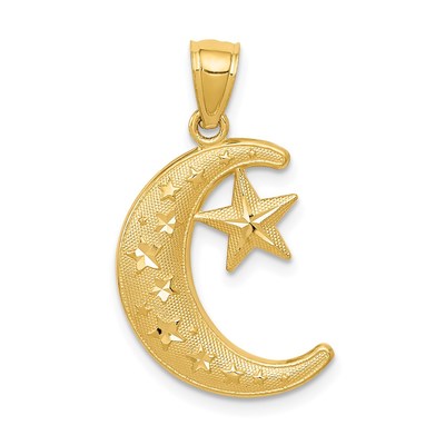 14k Gold Polished and Textured Moon and Stars Pendant