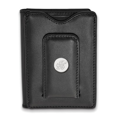 Sterling S. Rh-plated LogoArt University of Kansas Black Leather Wallet