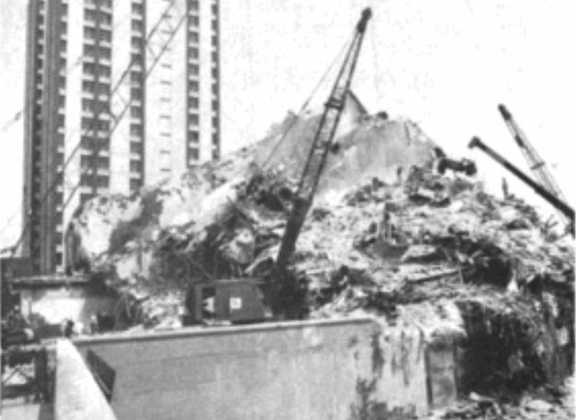 This 21-story, non-WSMF steel frame high-rise collapsed in the 1985 Mexico City earthquake. Caltech engineers who investigated the collapse called it “one of the most spectacular examples of damage” in the 8.0 quake. The tower overturned at its third floor, toppling onto a neighboring 14-story building. Building codes in Mexico and the U.S. were changed as a result.