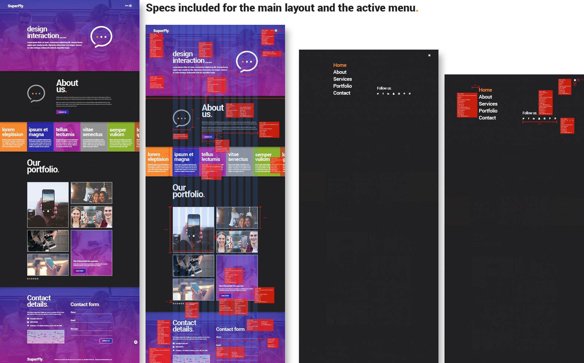 Download PSD шаблон "SuperFly - Creative PSD Template" / SuperFly - Creative PSD Template - PSD шаблон на тему веб-дизайн modern trendy one page portfolio freelance designer clean cool purple specs