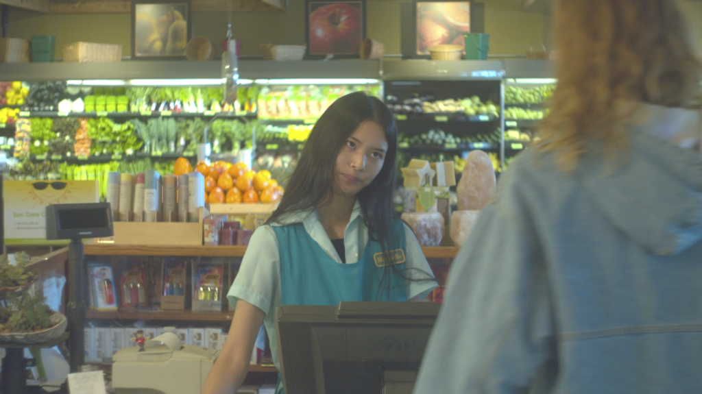 Screen grab from Dome Zone showing supermarket check out girl looking annoyed as the main character purchases moss.