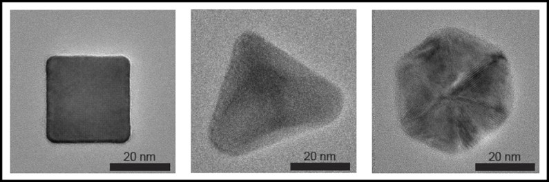nanoparticles in three different shapes: cube, pyramid, icosahedron