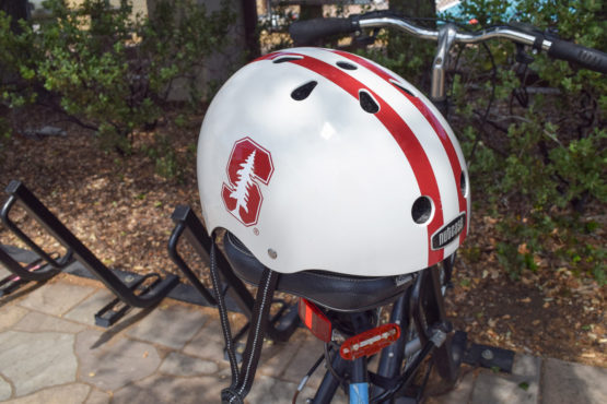 Bicycle helmet sitting on a bike seat