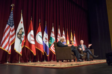 Harry Elam and Marc Tessier-Lavigne onstage at Memorial Auditorium