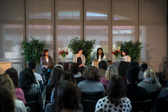 The TomKat Center for Sustainable Energy presents Women Entrepreneurs in Sustainability 2017 at Huang Engineering Center: (L-R) Stacey Bent, director of the TomKat Center; Christine Su, PastureMap; Ugwem Eneyo, Solstice; Hedi Razavi, Keewi.