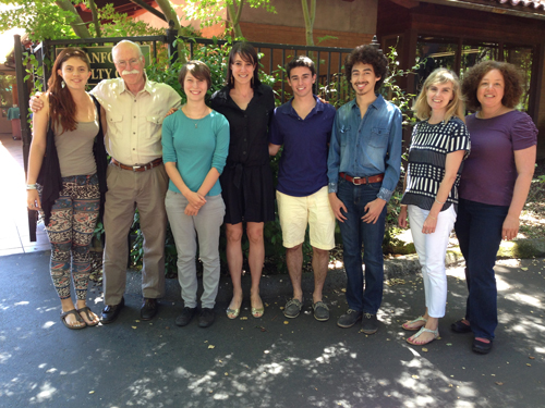 The organizer, winners and judges of the Taube Center for Jewish Studies inaugural short story contest gathered at the Faculty Club to celebrate. From left, senior Kim Leon, Professor Tobias Wolff, sophomore Beatrice Garrard, writer Sarah Houghteling, freshman Max Weiss, senior Alberto Hernandez, Marie-Pierra Ulloa, associate director for academic programming and student outreach at the Taube Center for Jewish Studies, and writer Maya Arad.