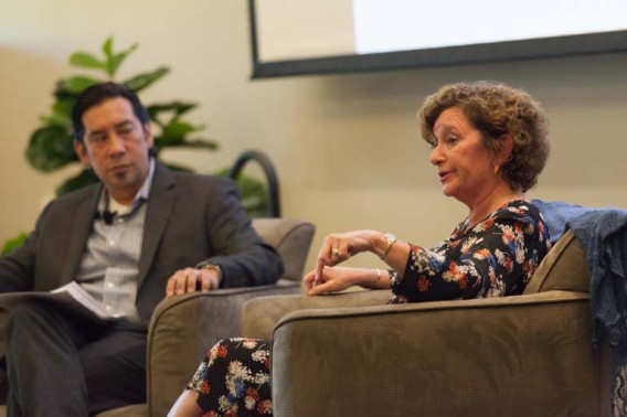 Graduate School of Education Professor Anthony Lising Antonio moderated a discussion with Nancy Cantor, chancellor of Rutgers University-Newark. (Photo credit: John C. Liau)