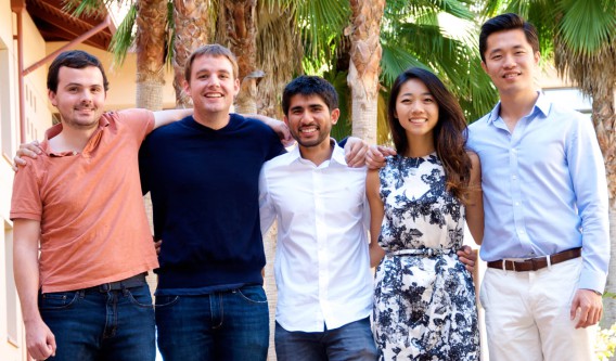Five students from the Stanford Graduate School of Business have been named Siebel Scholars. From left: Michael Mester, Dorian Bertsch, Ibrahim Alsuwaidi, Sarah Wang and Michael Ding. (Photo credit: Chuck Goodman)