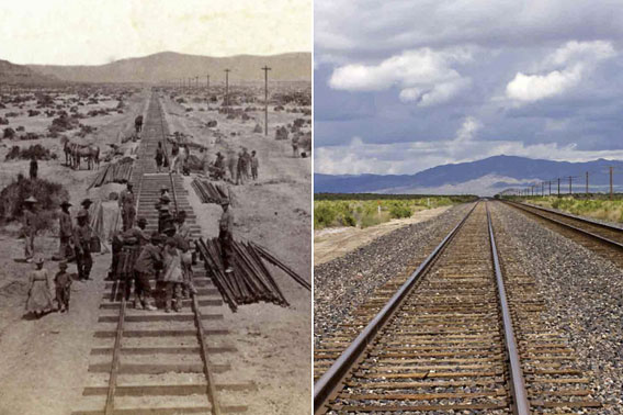 Historic photo of workers on railroad and contemporary photo with no workers