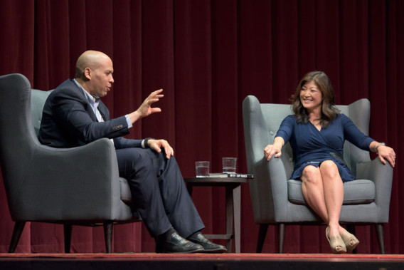 Stanford alumnus and U.S. Senator Cory Booker '91 with ABC’s Nightline anchor and alumna Juju Chang '87 in an OpenXChange conversation at Dinkelspiel Auditorium. "United: Saturday with Senator Cory Booker" is sponsored by OpenXChange in partnership with the Stanford Alumni Association, the Haas Center for Public Service, Stanford in Government (SIG), and the Associated Students of Stanford University (ASSU).
