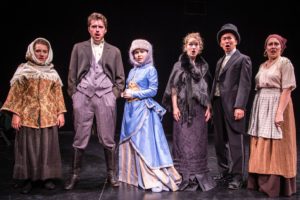 Cast members in The Many Faces of Farce include Malaika Murphy-Sierra (Merchutkina), left, Matthew Libby (Smirnov), Bella Wilcox (Tatiana), Lillian Bornstein (Popova), Adi Chang (Lomov) and Heather Connelly (Lyuba).