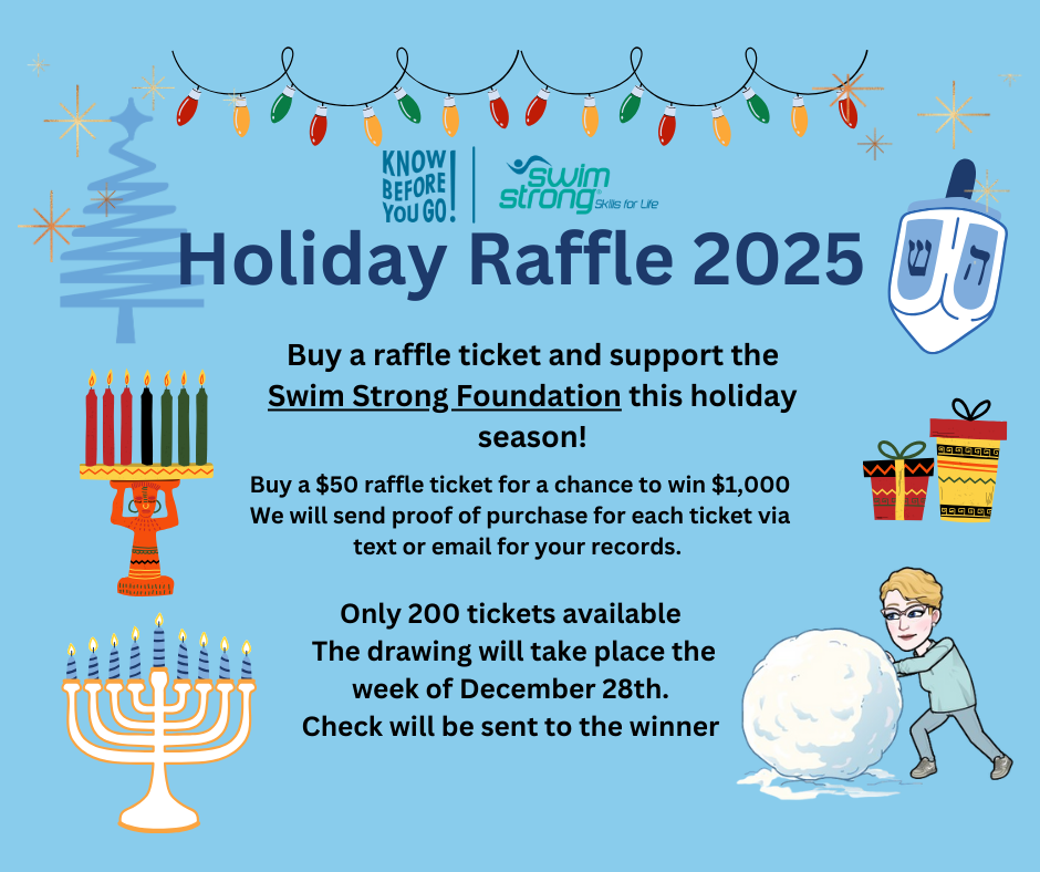 Holiday Raffle 2025 promotional graphic featuring Swim Strong Foundation logo and Know Before You Go branding. Blue winter-themed background with holiday decorations including Christmas lights, menorah, kinara, dreidel, and gift boxes. Text announces $50 raffle tickets for chance to win $1000, with only 200 tickets available and drawing week of December 28th. Features cartoon character rolling a snowball and holiday message to support water safety education.