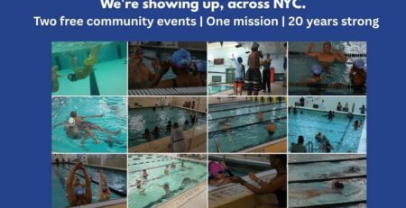 Swim Strong Foundation Giving Tuesday graphic — photo collage of swim instruction across NYC pools with text "This is Water Safety Month. We're showing up, across NYC." 20th anniversary campaign.