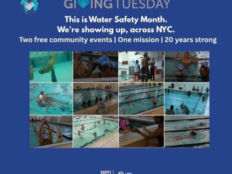 Swim Strong Foundation Giving Tuesday graphic — photo collage of swim instruction across NYC pools with text "This is Water Safety Month. We're showing up, across NYC." 20th anniversary campaign.