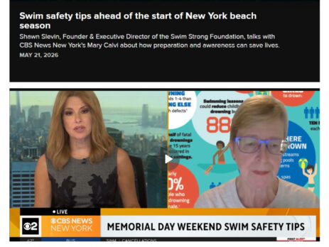 Swim Strong Foundation Founder and Executive Director Shawn Slevin appearing on CBS News New York alongside anchor Mary Calvi to discuss water safety tips ahead of the start of New York beach season.