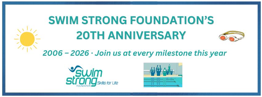 Swim Strong Foundation's 20th Anniversary banner. Text reads: "2006–2026 · Join us at every milestone this year." Features the Swim Strong Foundation logo, a poolside illustration of swimmers with an instructor, a sun graphic, and swim goggles.