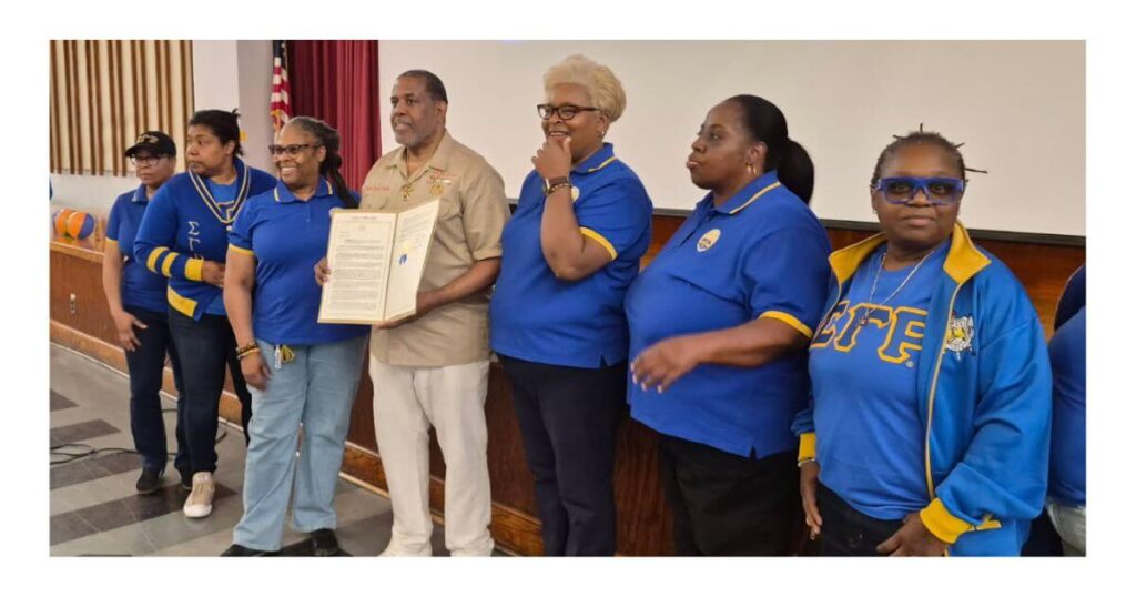Senator Kevin S. Parker presents a New York State Legislative Resolution to members of the Eta Nu Sigma Brooklyn Alumnae Chapter of Sigma Gamma Rho Sorority, Inc. at WaterPalooza 26, held at Bushwick Campus on May 30, 2026.