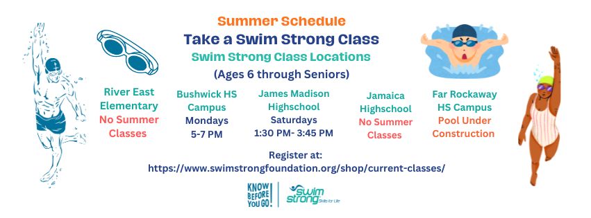 Swim Strong Foundation Facebook banner promoting summer swim classes for ages 6 through seniors. Illustrated swimmers and goggles graphic. Lists five locations: River East Elementary (no summer classes), Bushwick HS Campus (Mondays, 5-7 PM), James Madison Highschool (Saturdays, 1:30-3:45 PM), Jamaica Highschool (no summer classes), and Far Rockaway HS Campus (pool under construction). Registration link: swimstrongfoundation.org/shop/current-classes/. Know Before You Go!® and Swim Strong logos at bottom.