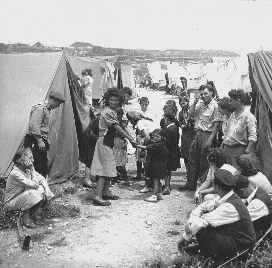 Displaced Mizrahi Jews from Arab countries in a temporary Israeli refugee camp known as Ma’barot