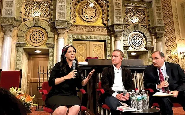 Out of the shadows: Mijal Bitton, left, praised the new book by Matti Friedman, center, for spotlighting the contribution of Mizrahi Jews to Israel’s founding. At right, moderator Rabbi Charles Savenor of Park Avenue Synagogue. Gary Rosenblatt/JW