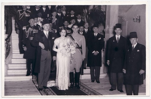 Princess Fawzeya (King Farouk’s sister), at her grandiose wedding with Crown-Prince Mohammed Reza Pahlawi of Iran – who became later Shah of Iran – at Abedine Palace in Cairo in 1939. King Farouk (first on the left), is accompanying the bride. (From the book “The Golden Era of the Jews of Egypt” by Levana Zamir)