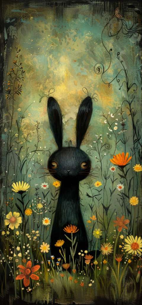 Preview for Whimsical-black-rabbit-floral-landscape-easter-phone-template-6b36d