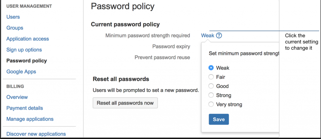 Example of easy password policy settings from Atlassian
