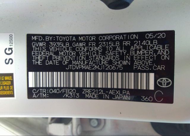 2021 TOYOTA COROLLA(VIN: JTDVPMAE2MJ120675