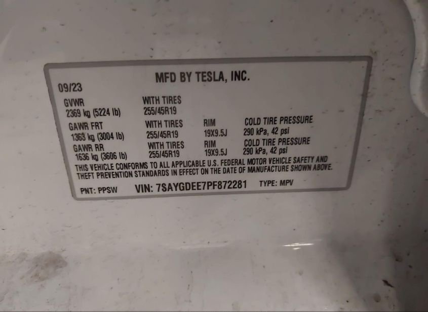 2023 TESLA MODEL Y AWD/LONG RANGE DUAL MOTOR ALL-W(VIN: 7SAYGDEE7PF872281