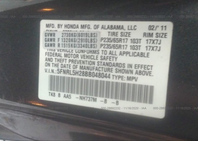 5FNRL5H28BB048044 2011 HONDA ODYSSEY