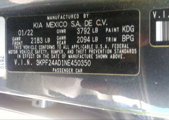 2022 KIA FORTE(VIN: 3KPF24AD1NE450350