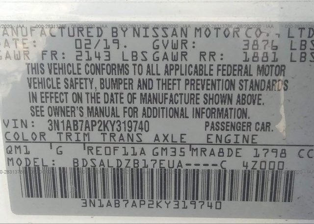 3N1AB7AP2KY319740 2019 NISSAN SENTRA