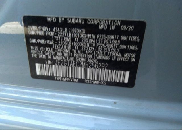 2021 SUBARU CROSSTREK(VIN: JF2GTAEC2MH256292