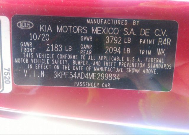 2021 KIA FORTE(VIN: 3KPF54AD4ME299834