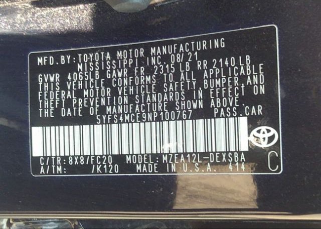 2022 TOYOTA COROLLA(VIN: 5YFS4MCE9NP100767