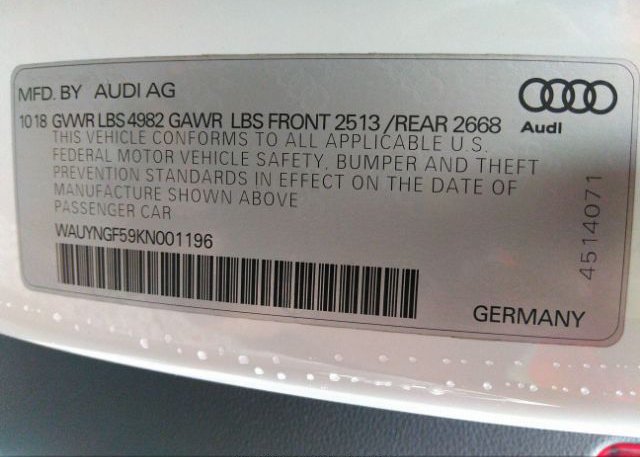 2019 AUDI A5 CABRIOLET VIN: WAUYNGF59KN001196