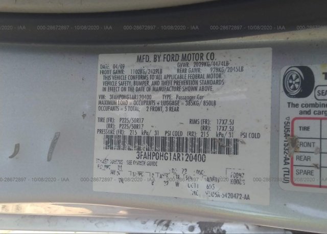 3FAHP0HG1AR120400 2010 FORD FUSION